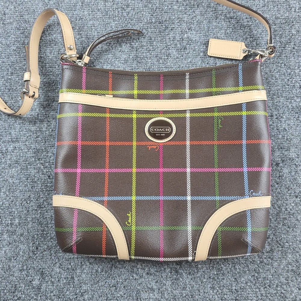 Coach Peyton Brown Tattersall Plaid Crossbody Shoulder Bag F24387